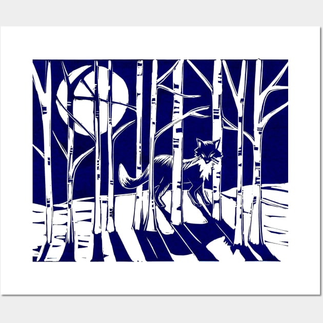 Fox in Moonlit Forest Linocut Wall Art by Maddybennettart